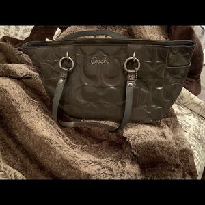 Gray Coach Patton Leather handbag with lavender silk interior